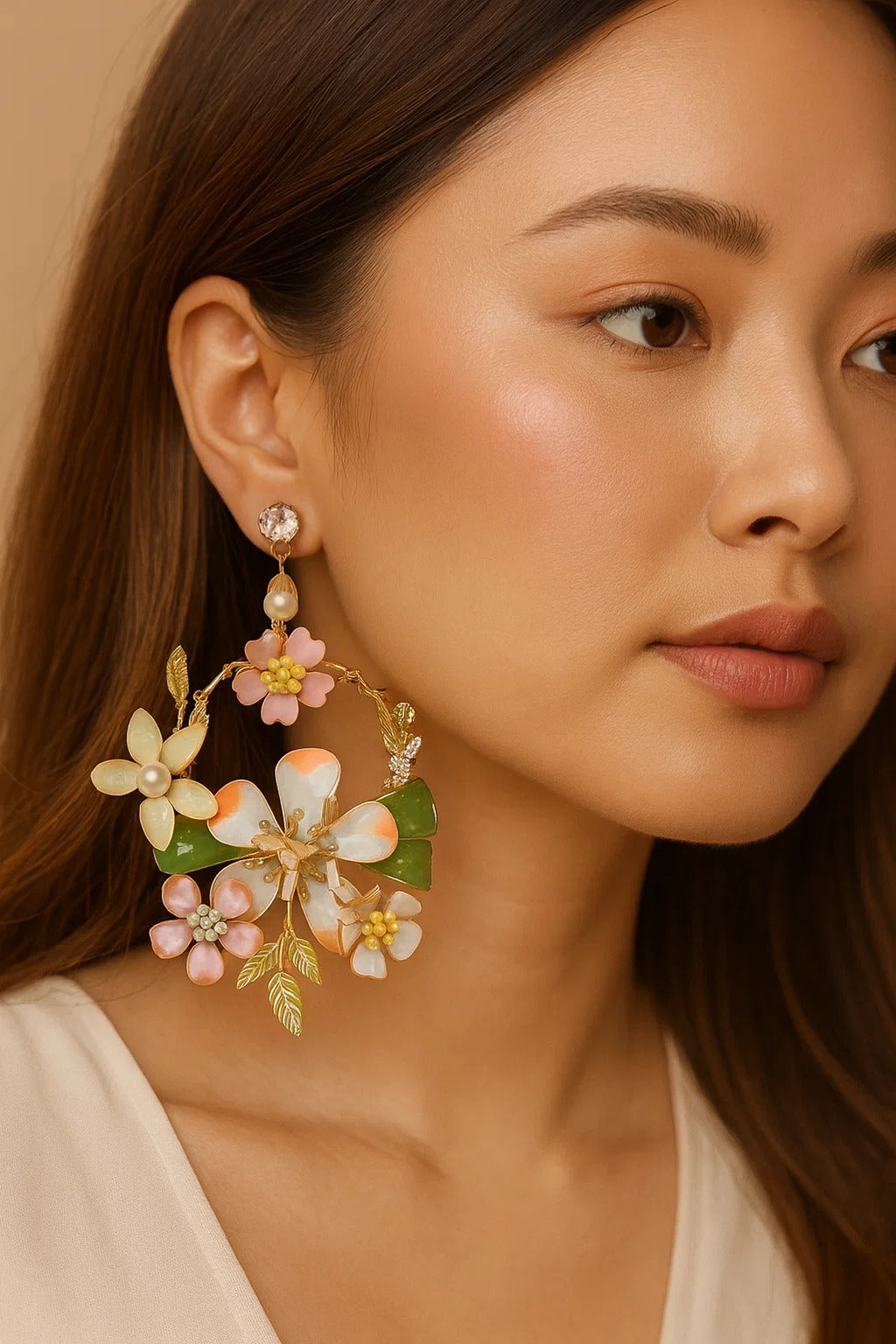 Pastel Bloom Oversized Floral Hoop Earrings – Designer Statement Piece