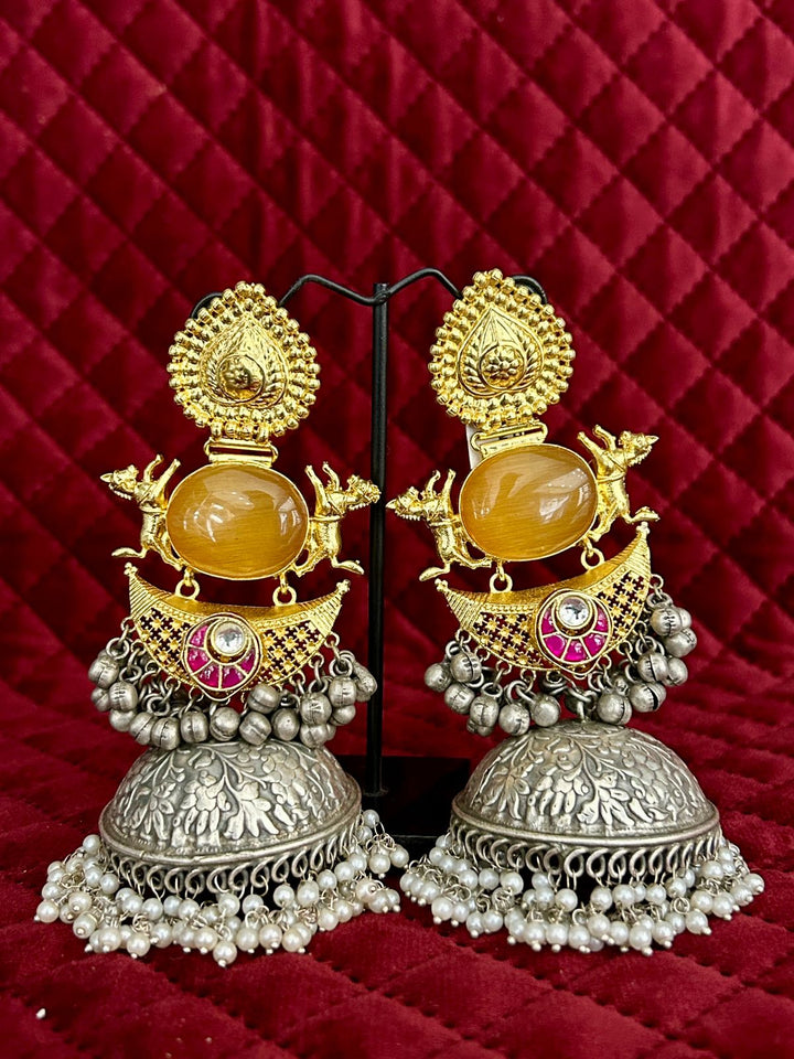 Royal Dual-Tone Temple Jhumka with Stone Center & Pearl Drops
