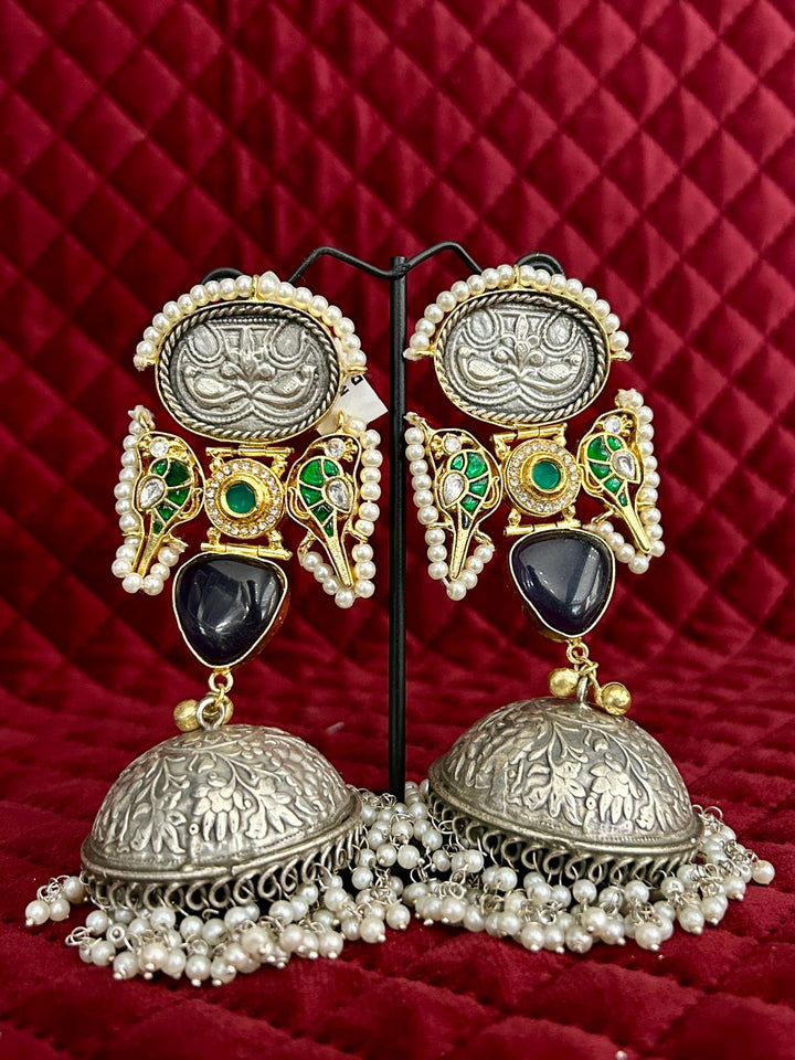 Heritage Dual-Tone Statement Jhumka with Coin Motif & Pearl Tassels