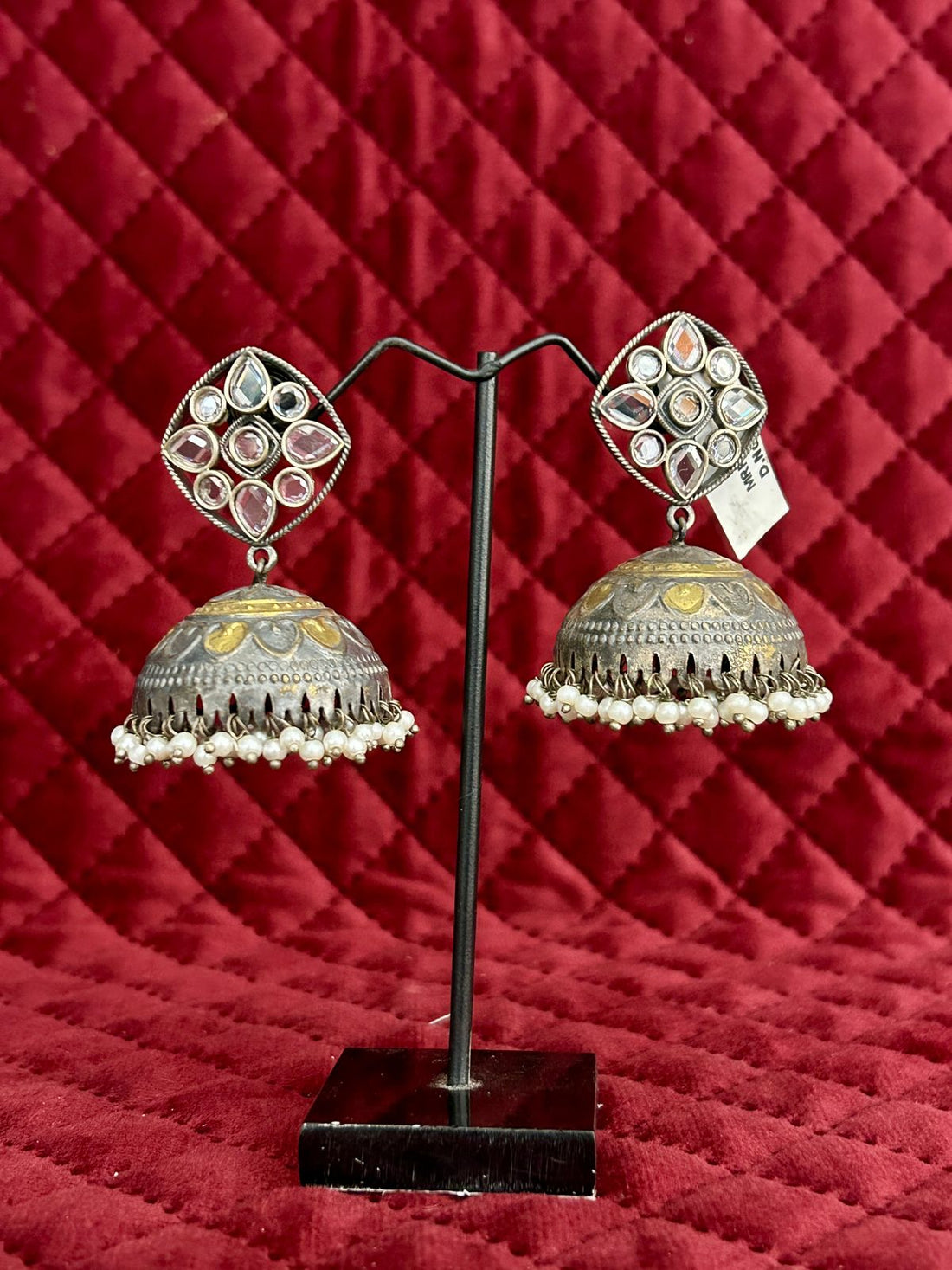 Kundan Square Top Oxidised Dome Jhumka with Pearl Drops