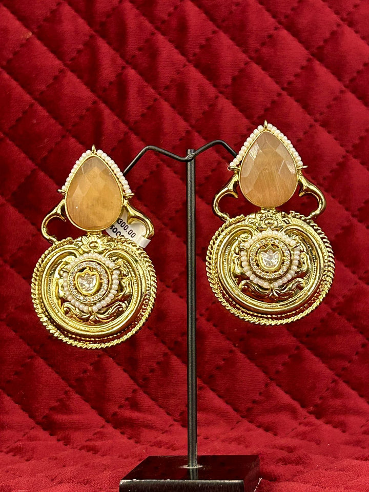 Gold-Plated Round Statement Earrings with Champagne Stone