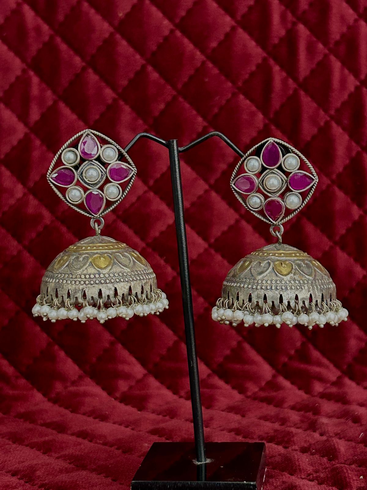 Oxidized Silver Ruby & Pearl Stud Jhumka Earrings