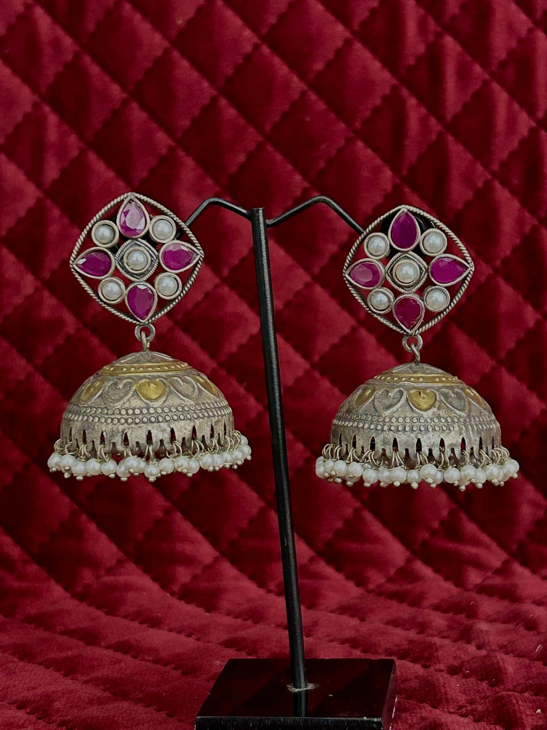 Oxidized Silver Ruby & Pearl Stud Jhumka Earrings