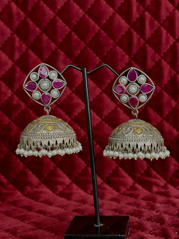 Oxidized Silver Ruby & Pearl Stud Jhumka Earrings