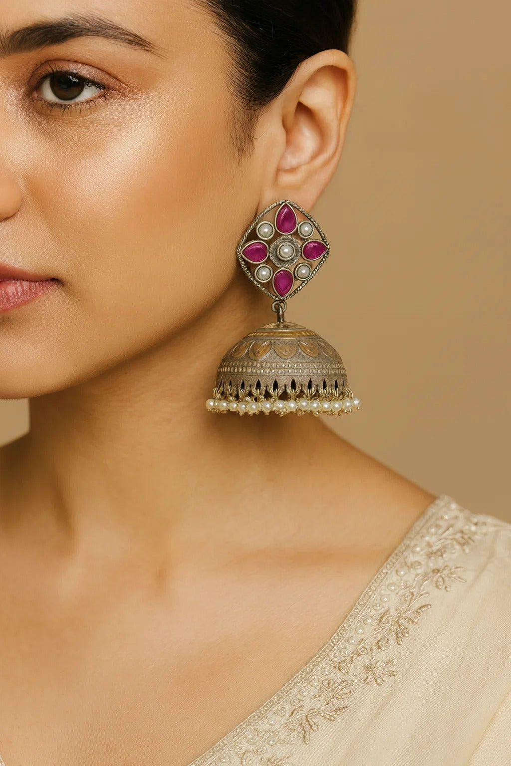 Oxidized Silver Ruby & Pearl Stud Jhumka Earrings
