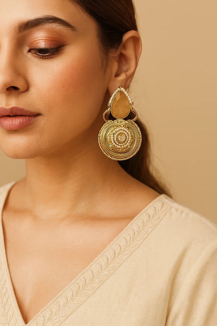Gold-Plated Round Statement Earrings with Champagne Stone