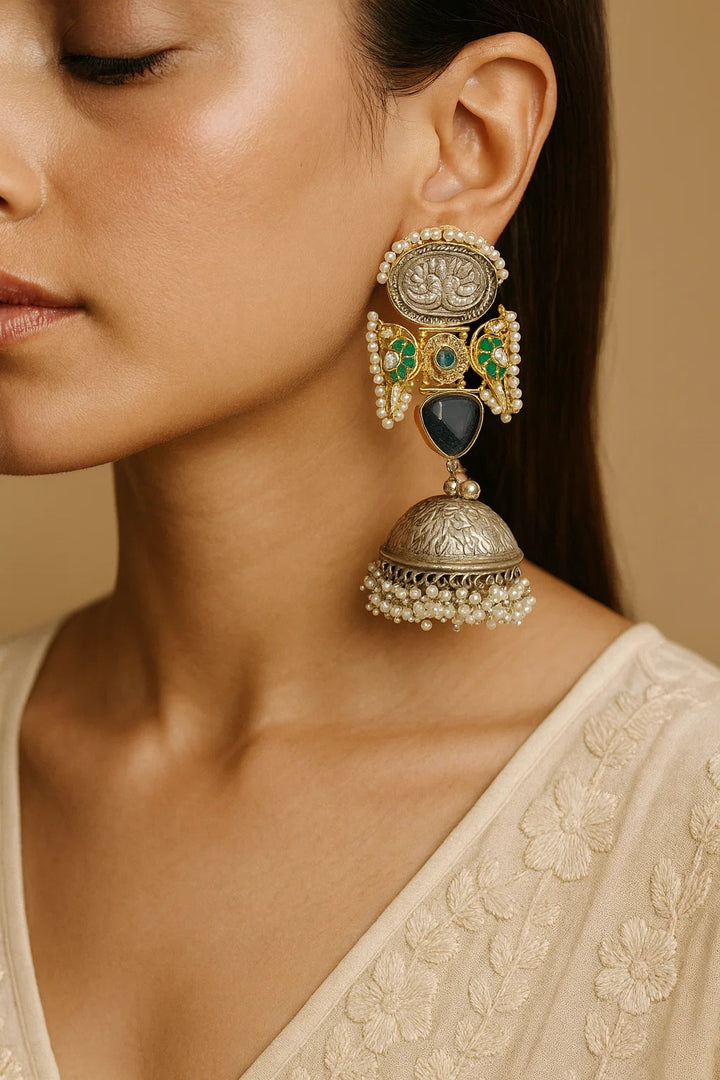 Heritage Dual-Tone Statement Jhumka with Coin Motif & Pearl Tassels