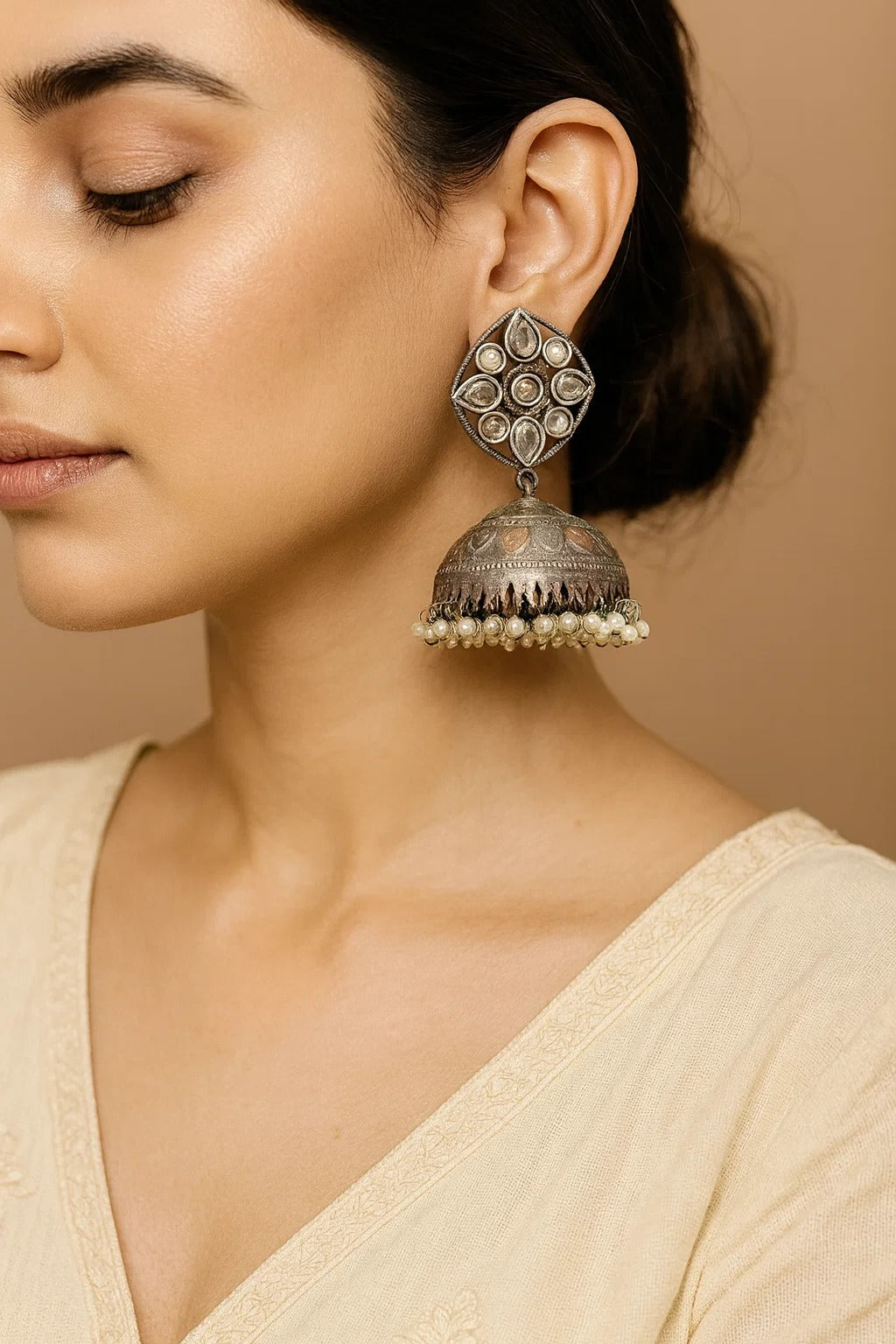 Kundan Square Top Oxidised Dome Jhumka with Pearl Drops