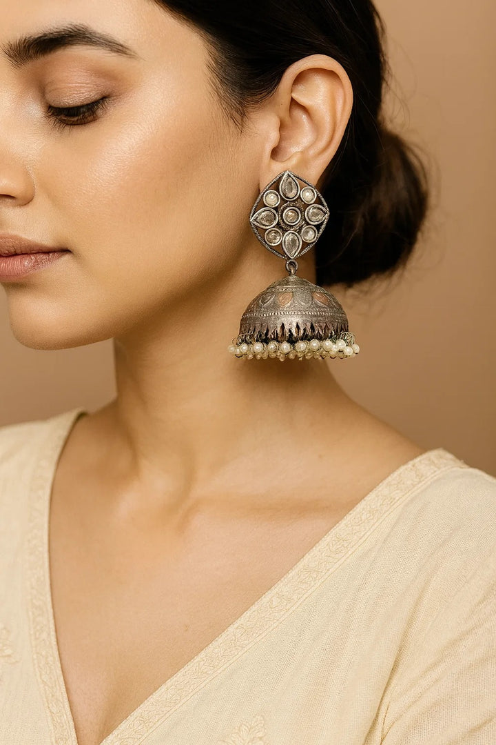 Kundan Square Top Oxidised Dome Jhumka with Pearl Drops