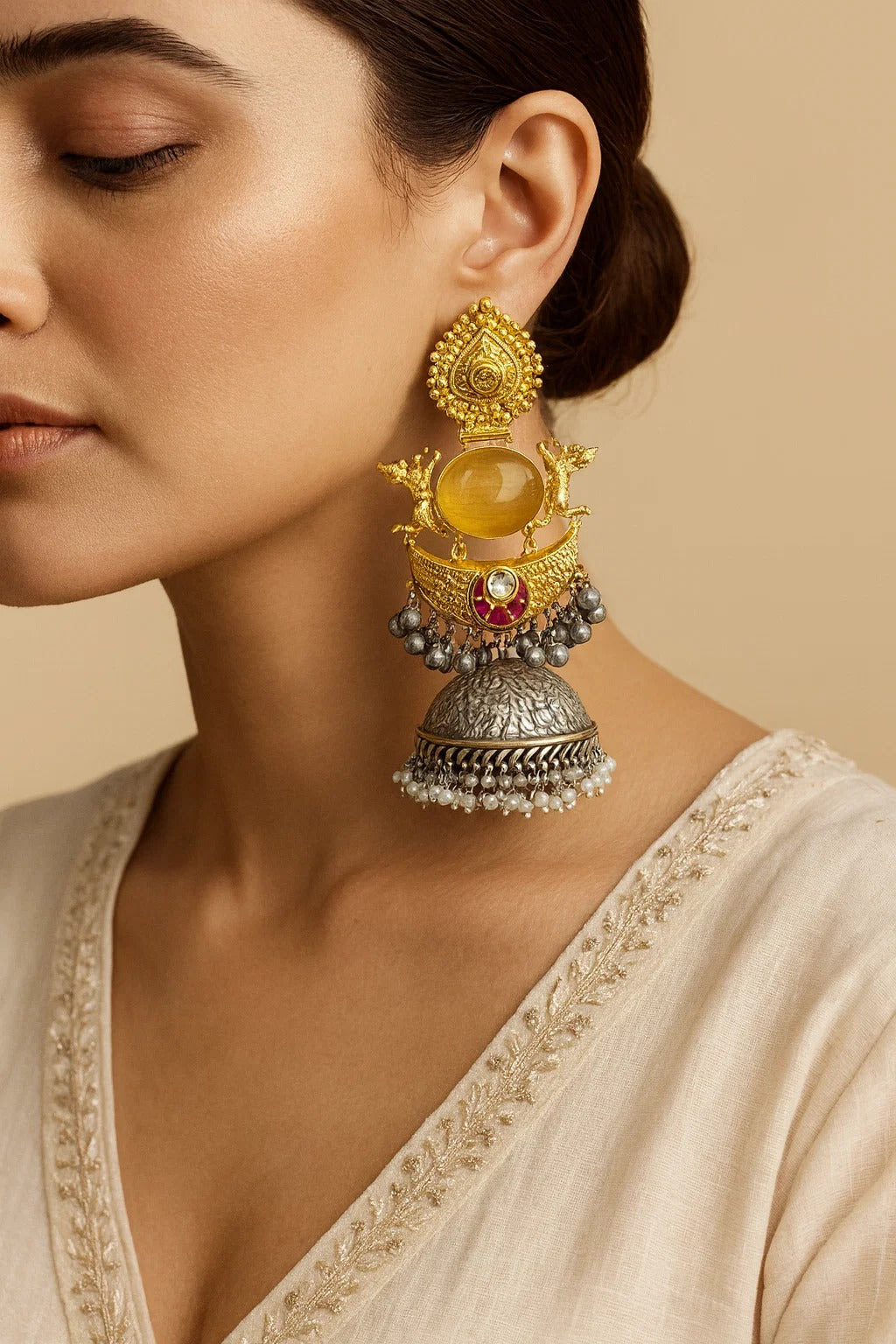Royal Dual-Tone Temple Jhumka with Stone Center & Pearl Drops