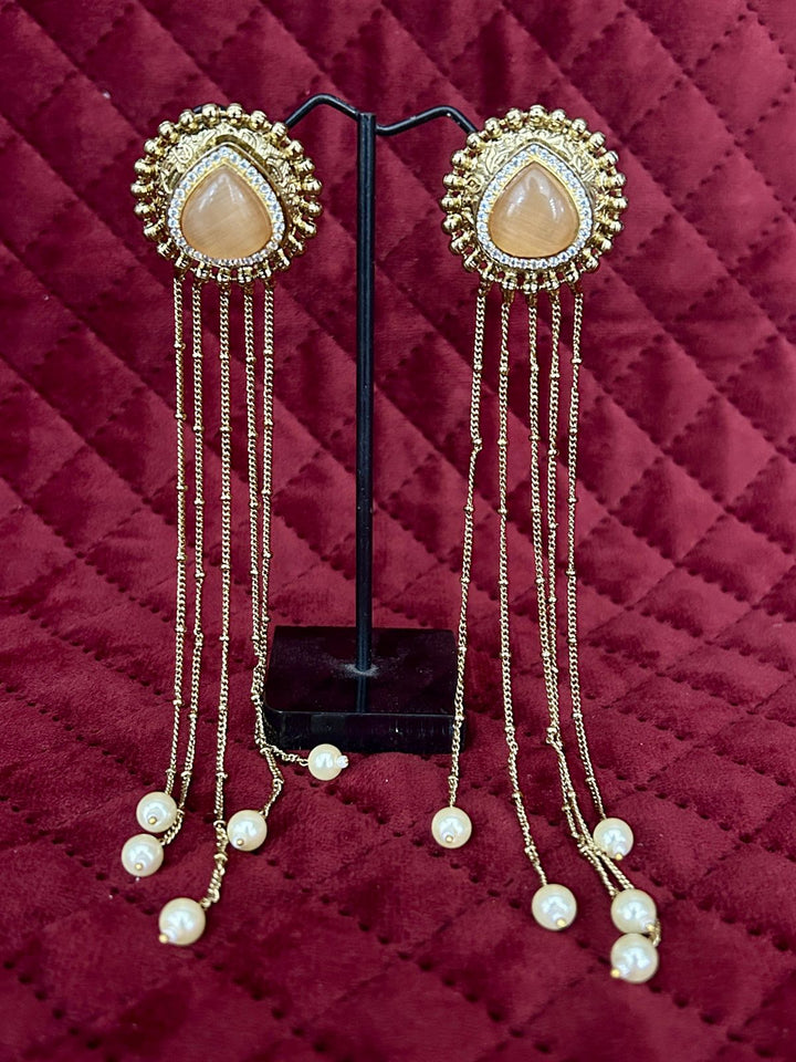 Golden Drop Statement Earrings with Pearl Chains