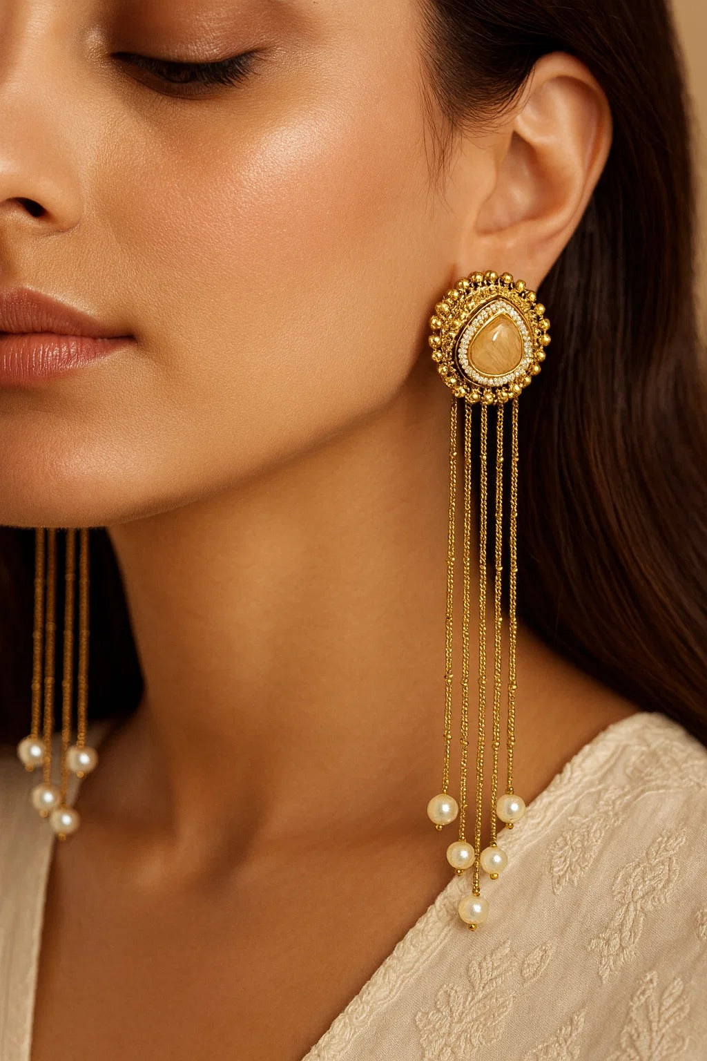 Golden Drop Statement Earrings with Pearl Chains