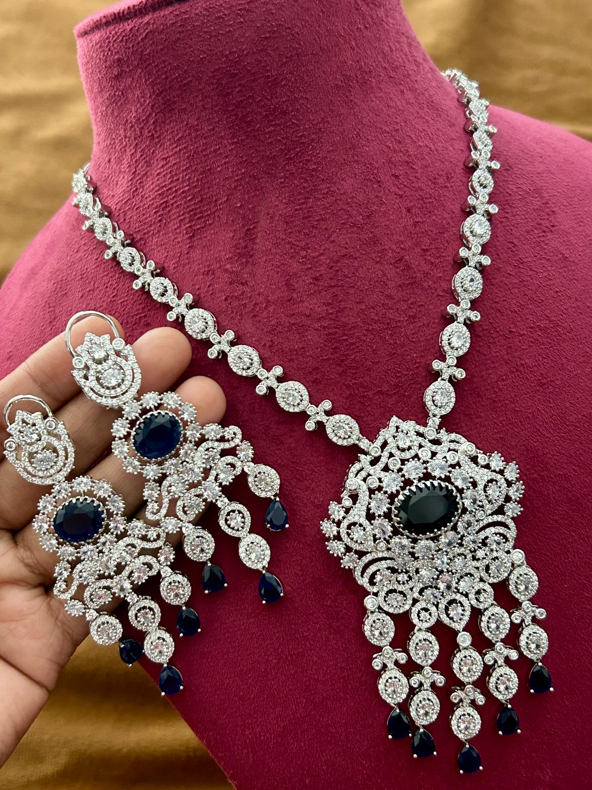 Royal Sapphire Diamond Necklace Set | Premium CZ Stones