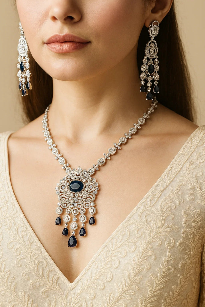 Royal Sapphire Diamond Necklace Set | Premium CZ Stones