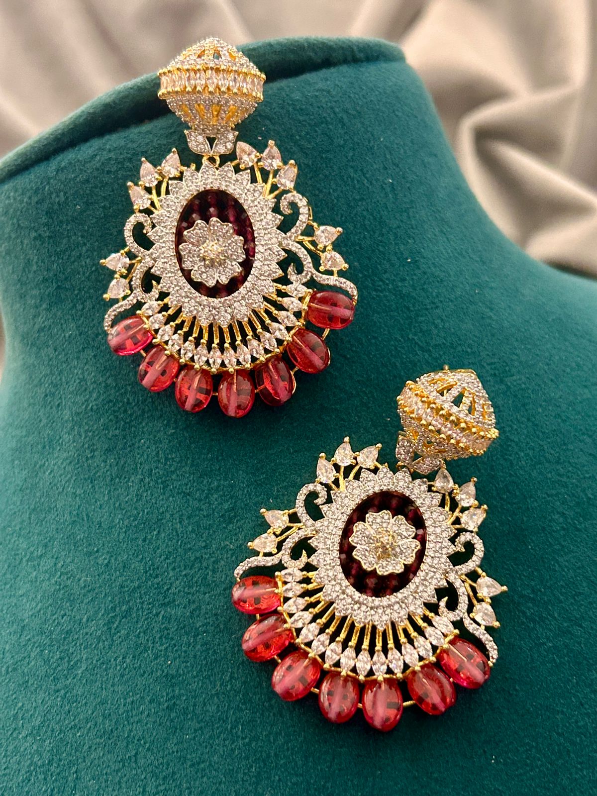 Ruby Beads & Diamond Look Necklace Set – Bridal Party Wear Jewellery