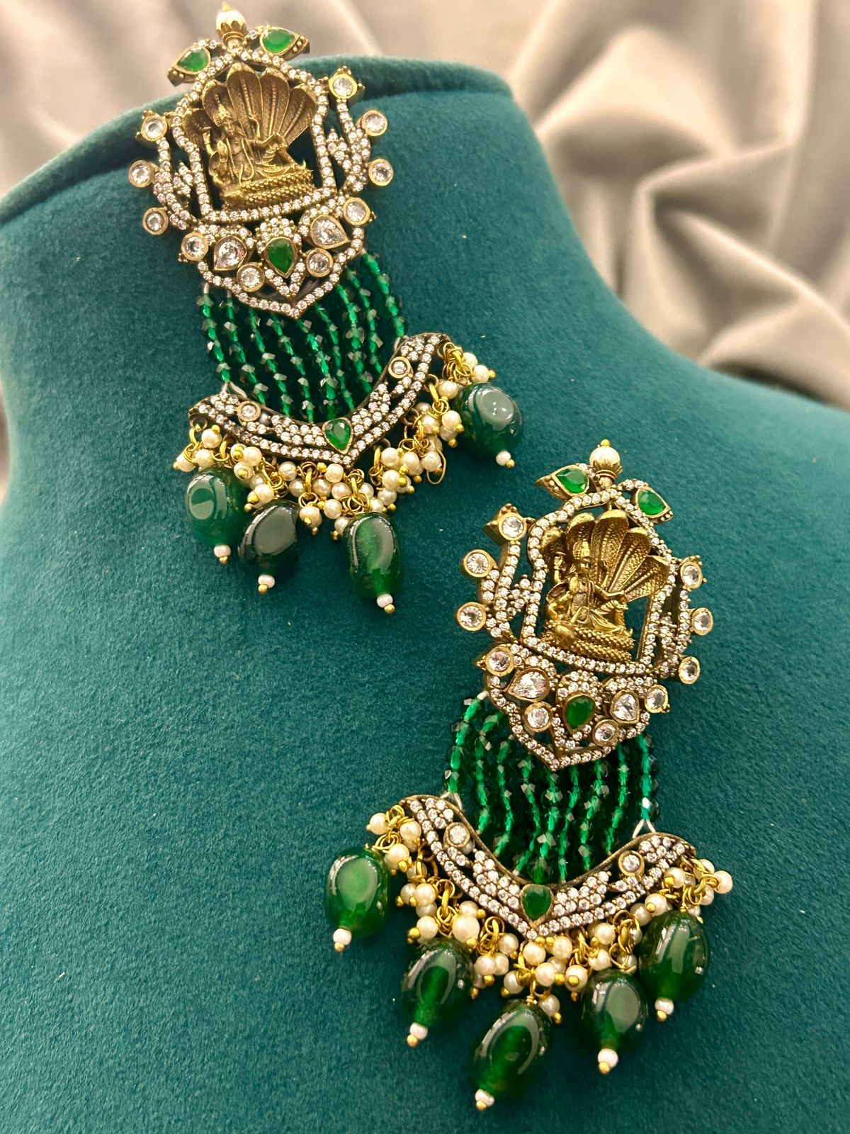 Lakshmi Motif Pearl & Green Beads Necklace Set – Traditional Bridal Jewellery