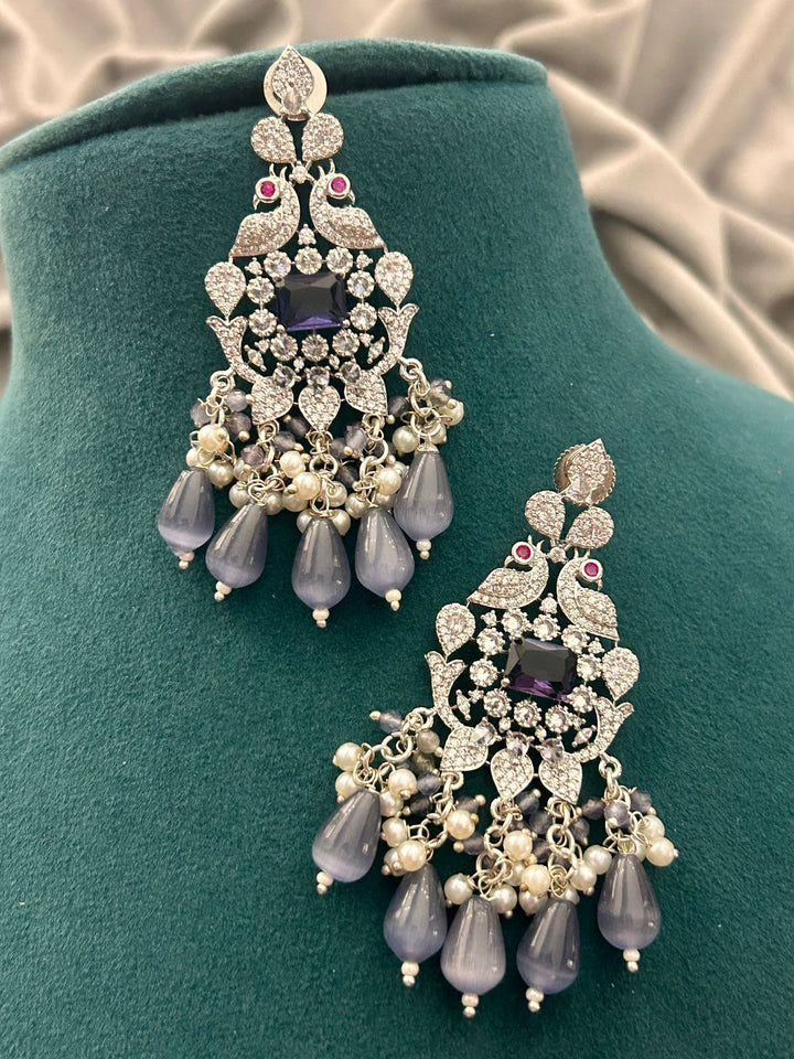 Diamond Look Peacock Necklace Set with Grey Beads – Bridal Party Wear Jewellery