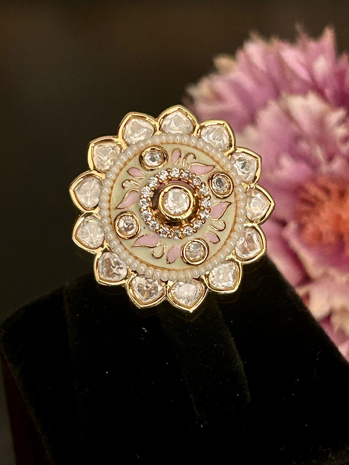 Pastel Pink & White Kundan Adjustable Ring – Floral Enamel Statement Ring