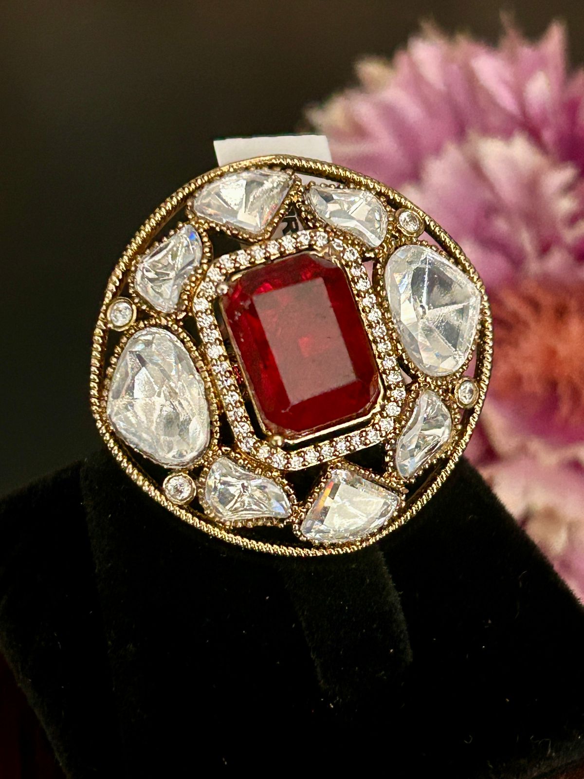 Royal Ruby Red & White Kundan Cocktail Ring – Adjustable Bridal Statement Ring