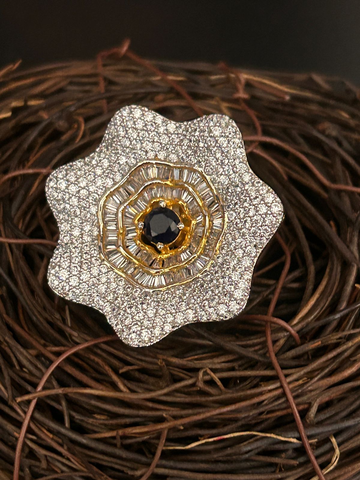 Floral Black Stone Ring with CZ Diamond Pave – Designer Cocktail Jewellery