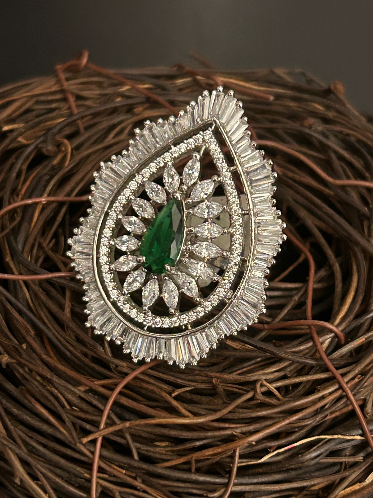 Emerald Drop Statement Ring with CZ Diamond Halo – Luxury Party Wear