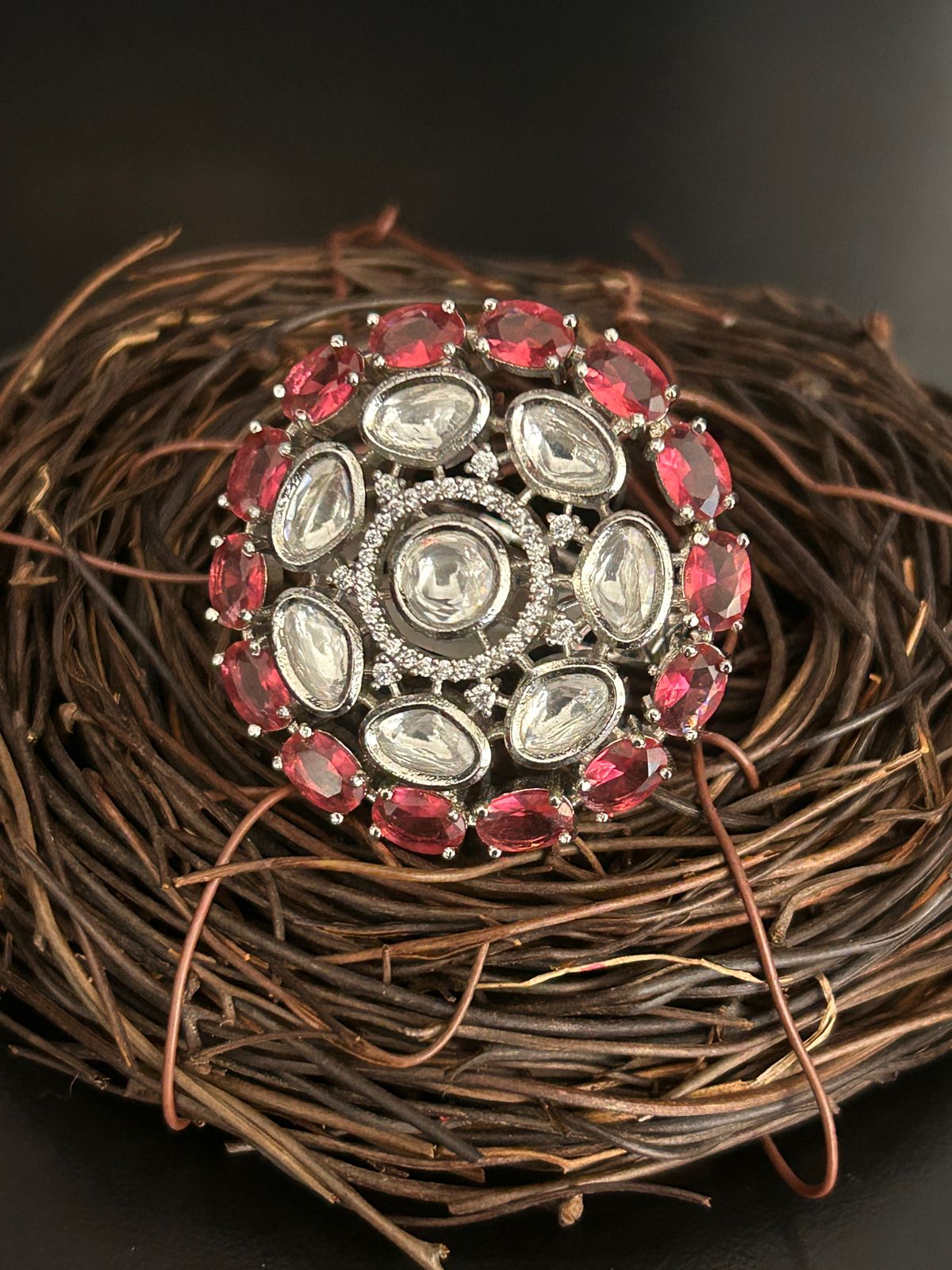 Red & White Stone Statement Ring – Luxury Party Wear Jewellery