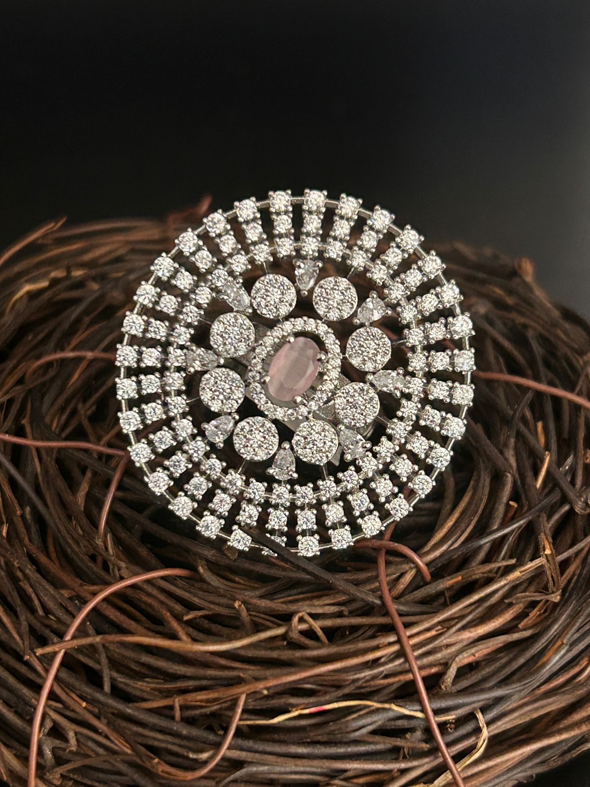 Round CZ Diamond Cocktail Ring – Statement Party Wear Jewellery