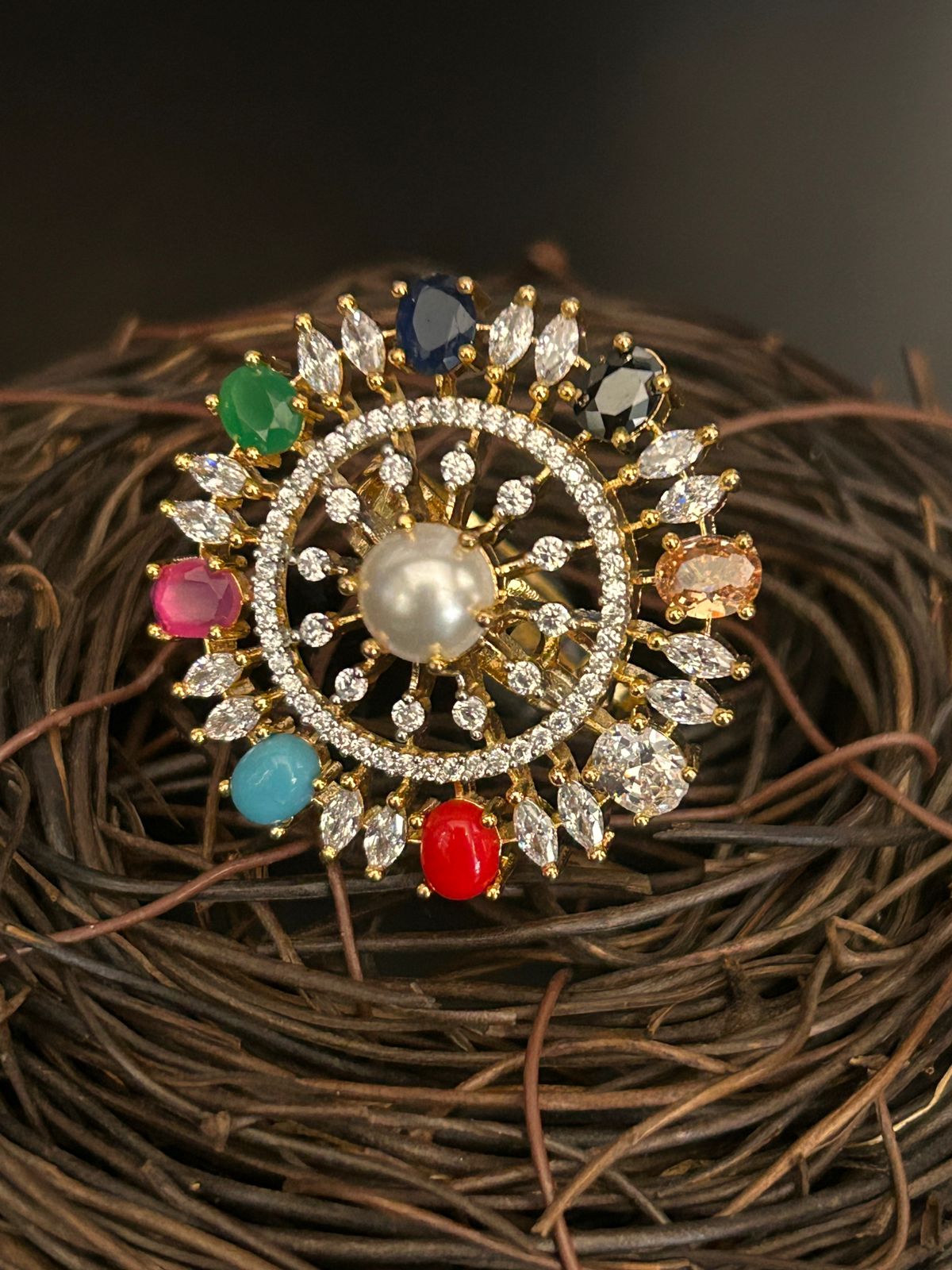 Navratna Pearl Statement Ring – Traditional Multi-Stone Designer Jewellery
