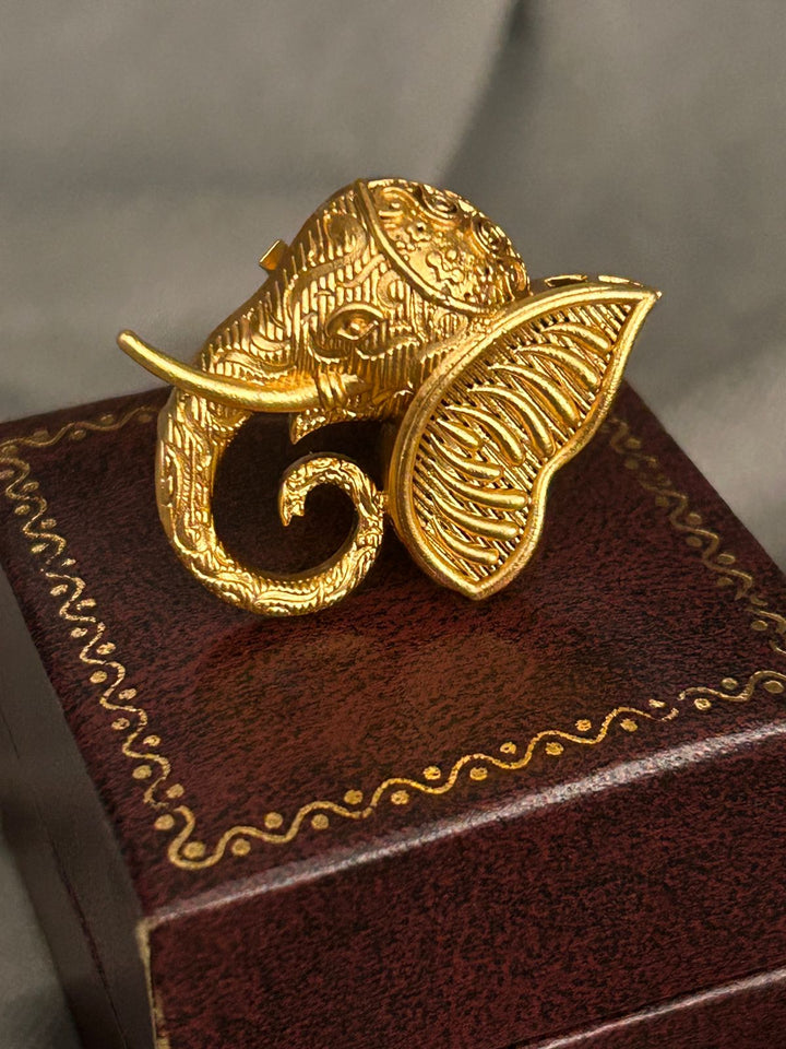Antique Elephant Adjustable Ring – Gold Finish Temple Jewellery