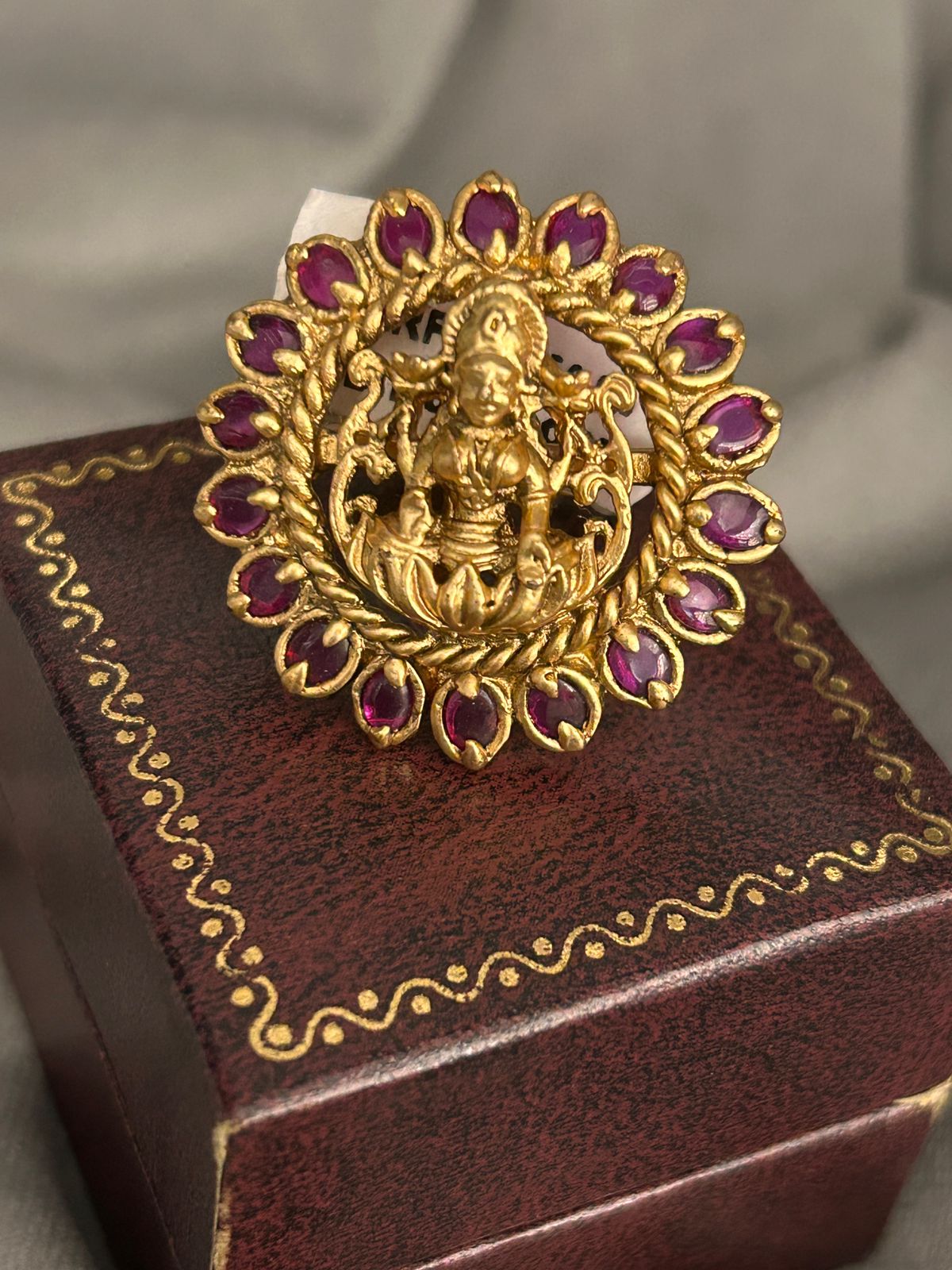 Antique Lakshmi Adjustable Ring – Gold Finish with Ruby Stones