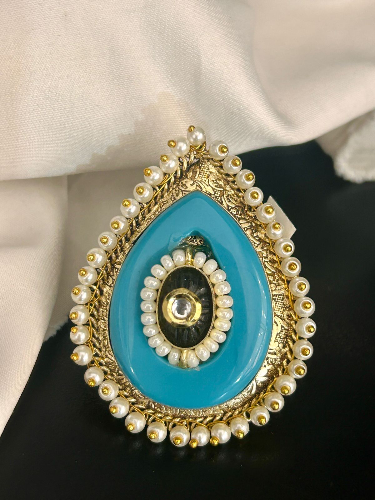 Blue Stone Adjustable Ring with Pearl Border