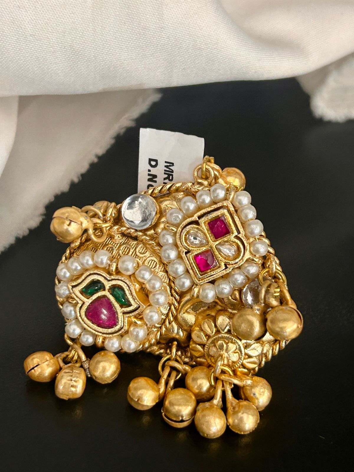 Dual Motif Kundan Adjustable Ring with Pearls & Ghungroo