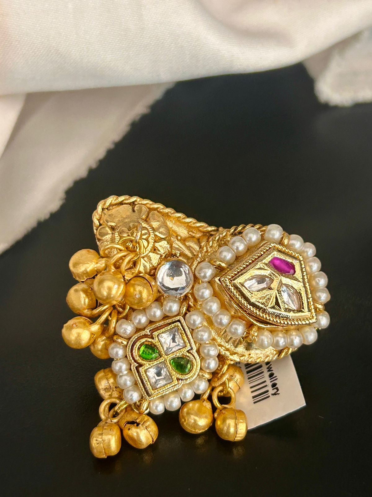 Royal Kundan Adjustable Ring with Pearls & Ghungroo Drops