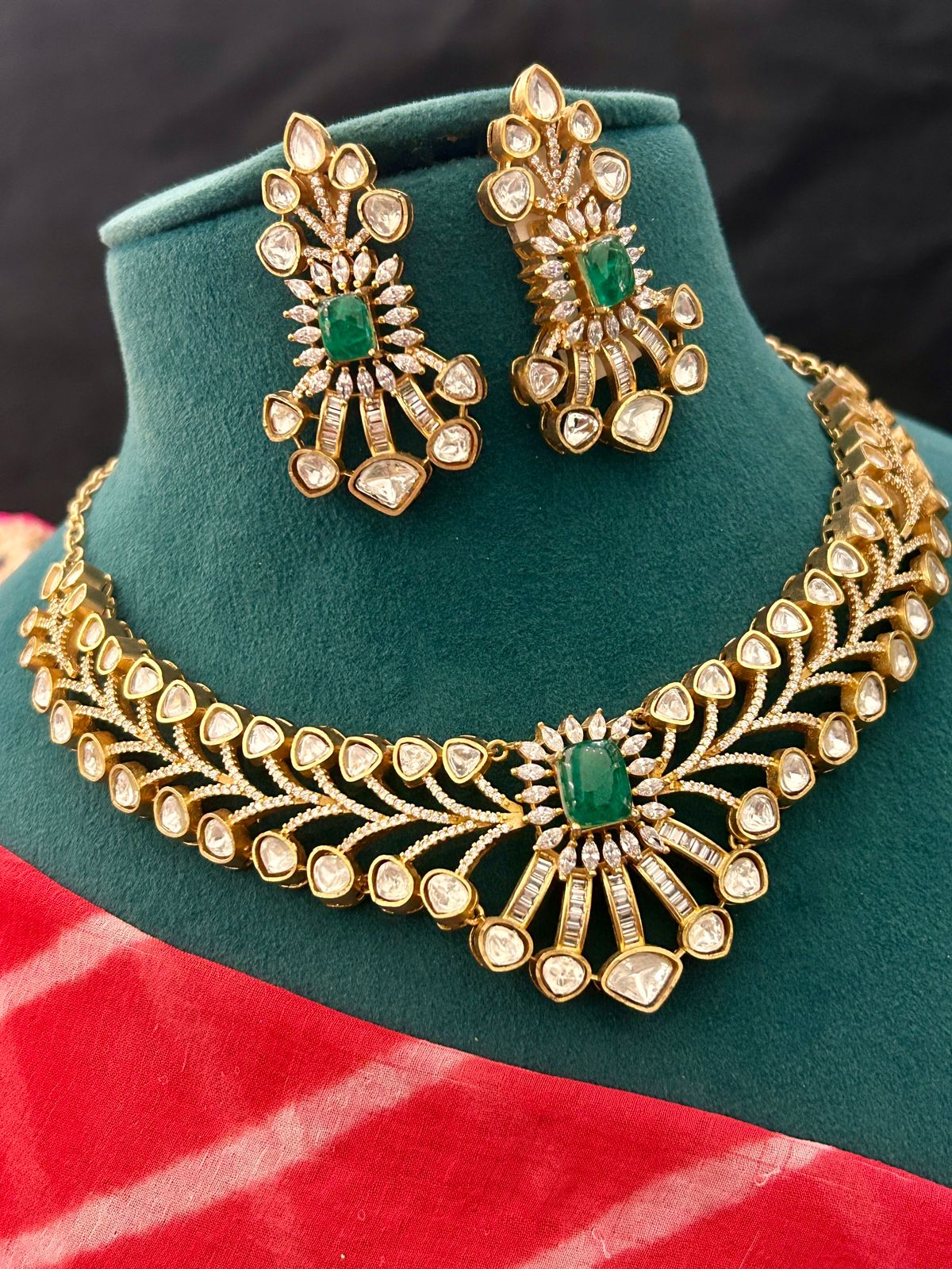 Emerald Green Stone Designer Necklace Set with Earrings