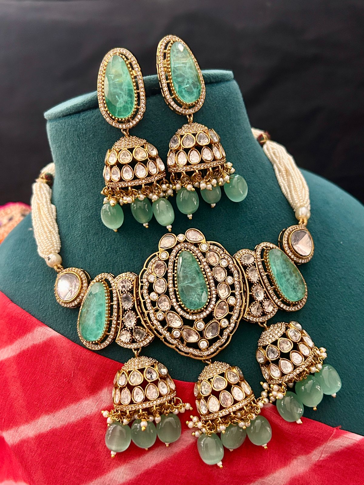 Emerald Green Kundan Necklace Set with Jhumka Earrings