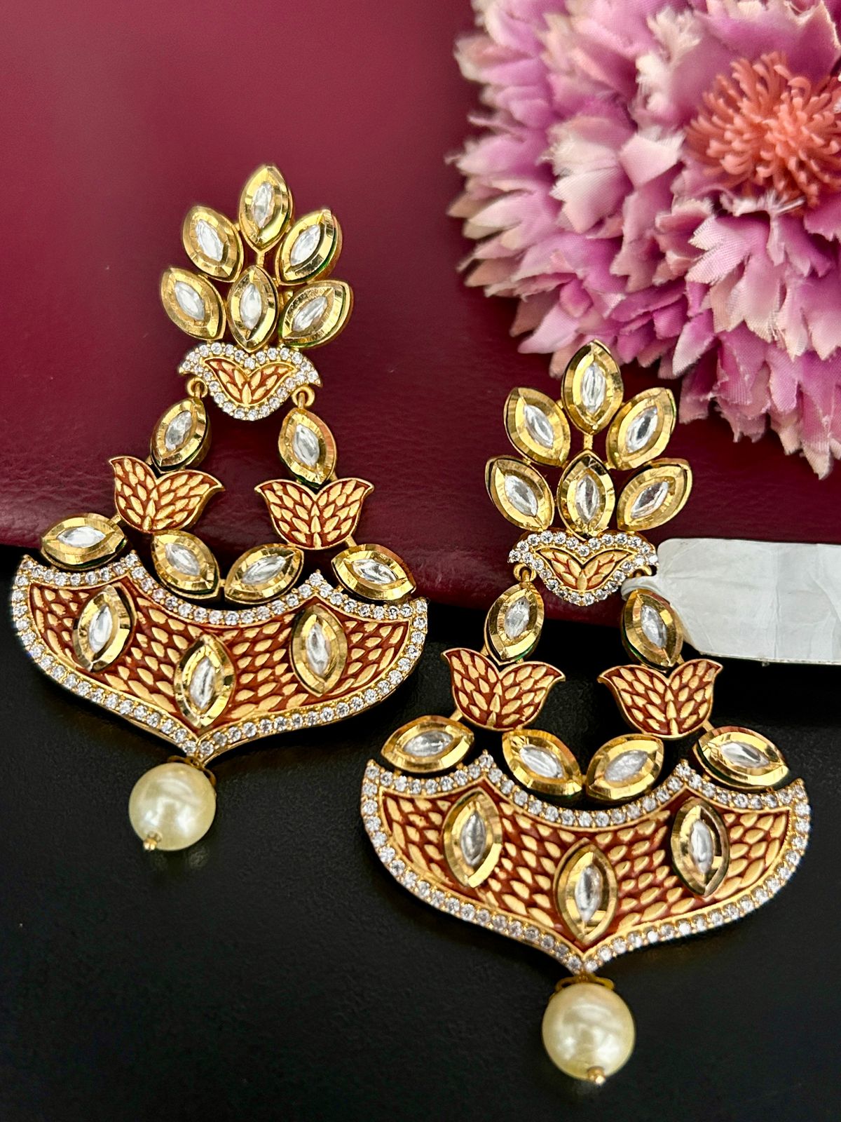 Golden Lotus Kundan Earrings with Pearl Drop – Traditional Designer Jewellery
