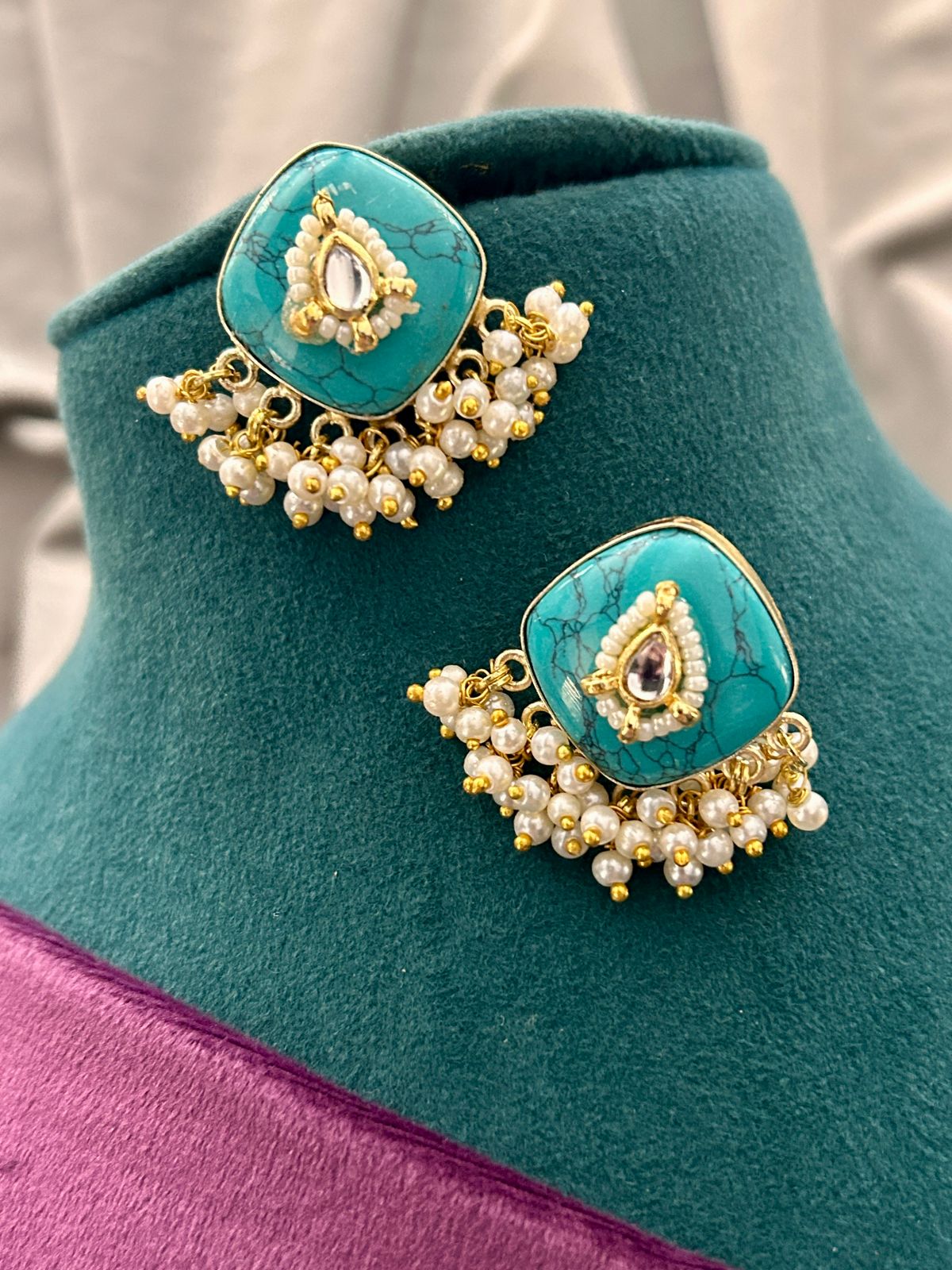 Multicolor Stone Kundan Pearl Choker Necklace Set