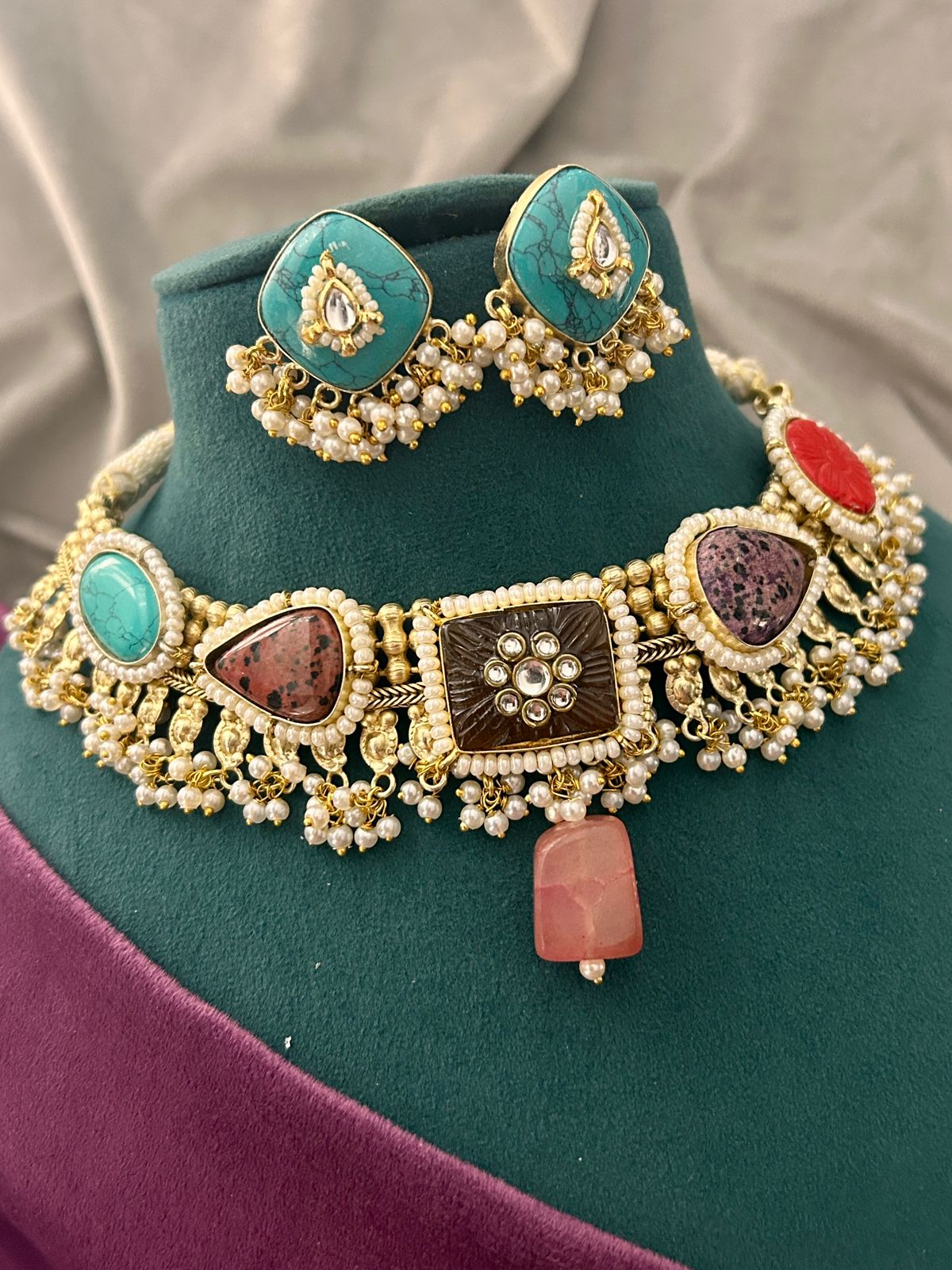 Multicolor Stone Kundan Pearl Choker Necklace Set