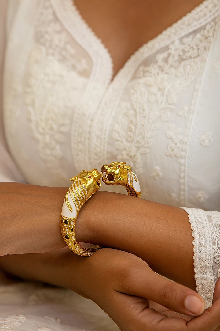 Dual Tiger Head Openable Bracelet with Enamel & CZ