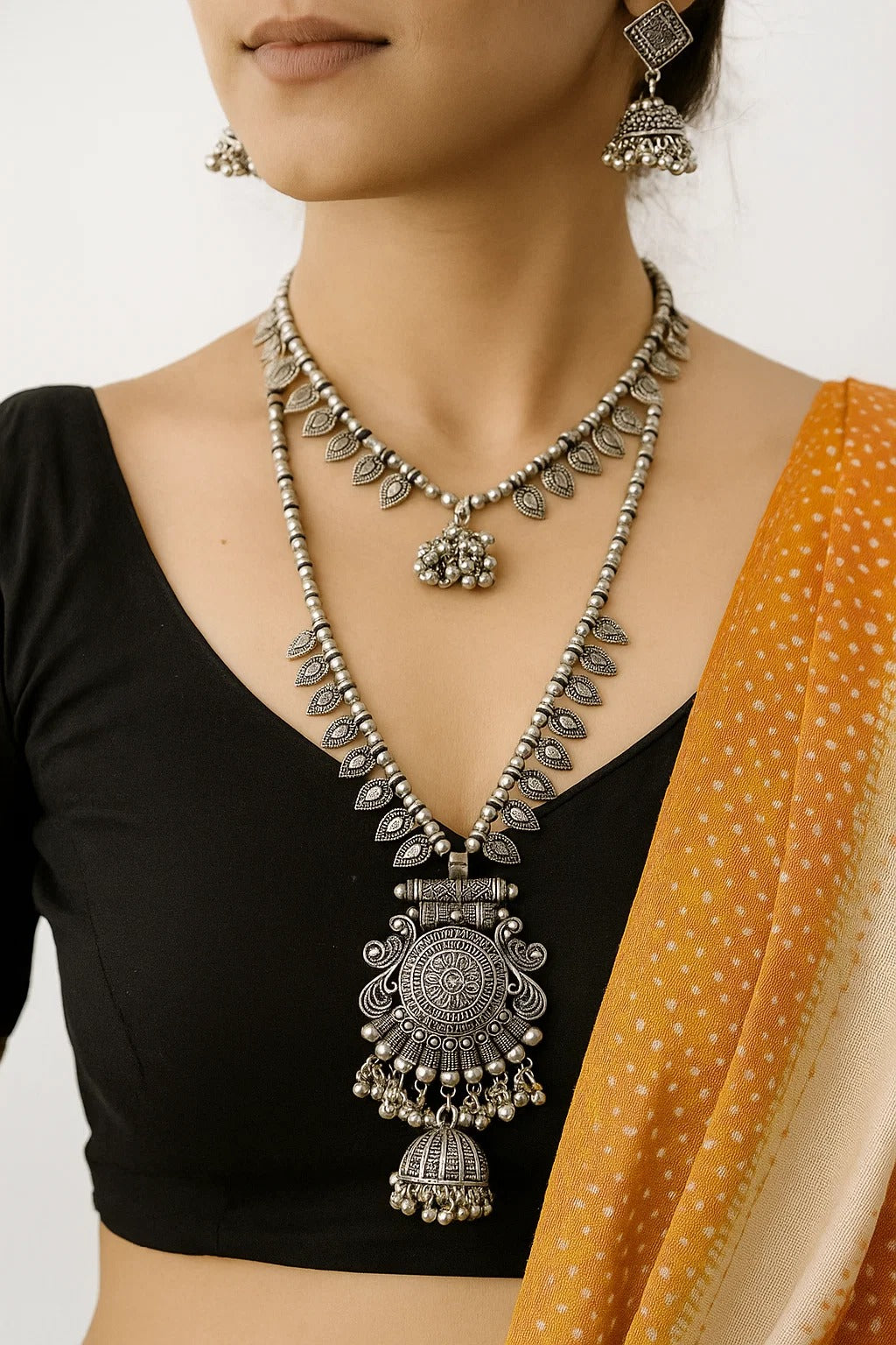 Antique Oxidized Layered Necklace Set with Jhumka Pendant & Earrings
