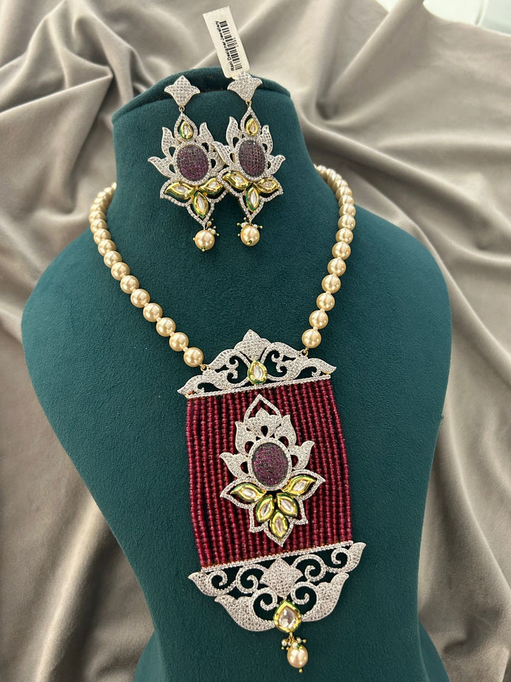 Designer Maroon Lotus Pearl Necklace Set