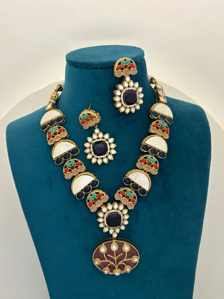 Multicolor Meenakari Kundan Necklace Set with Black Stone Pendant