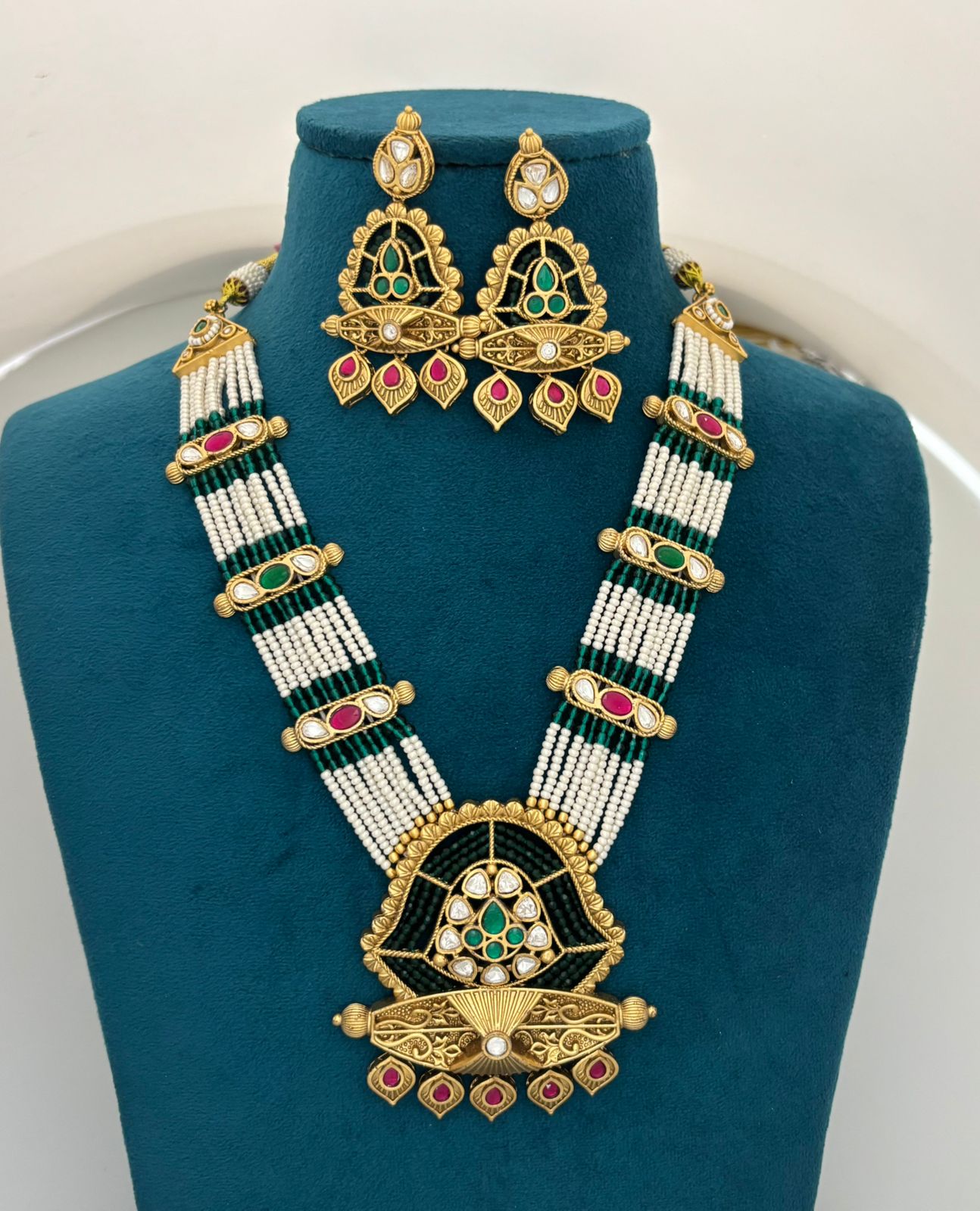 Antique Kundan Beaded Long Necklace Set with Traditional Pendant