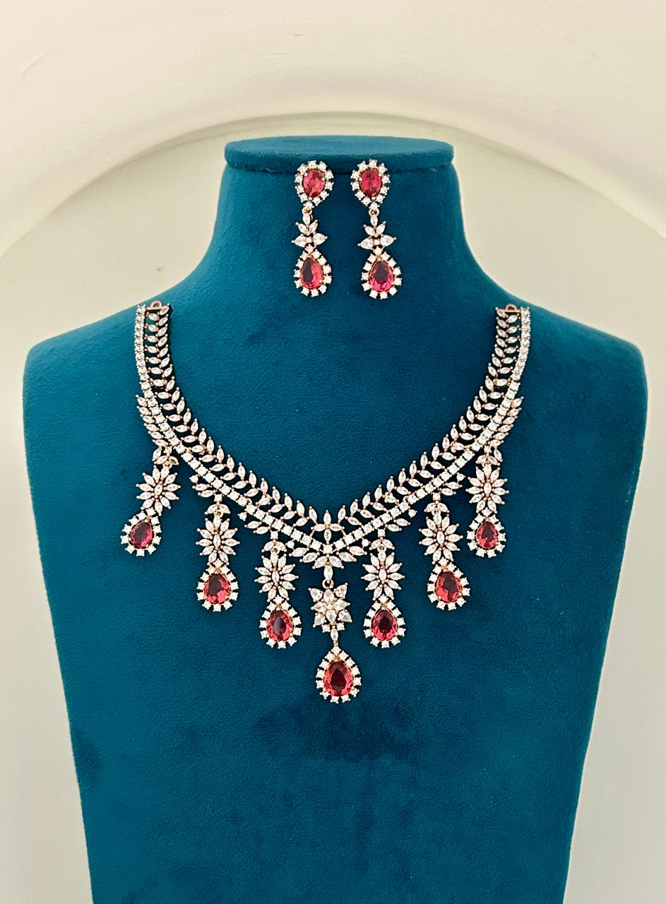 Ruby Drop Diamond Necklace Set with Elegant Sparkling Finish