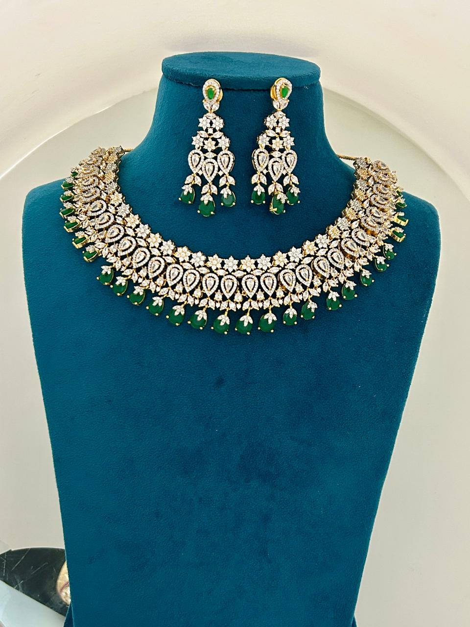 Emerald Teardrop Diamond Choker Necklace Set with Long Earrings