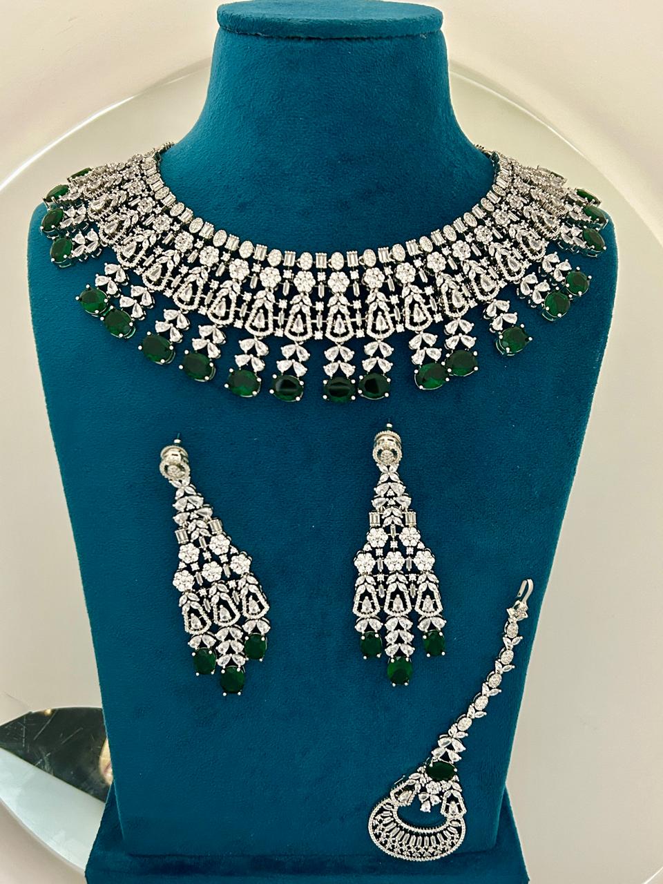 Emerald Diamond Bridal Choker Necklace Set with Earrings & Maang Tikka
