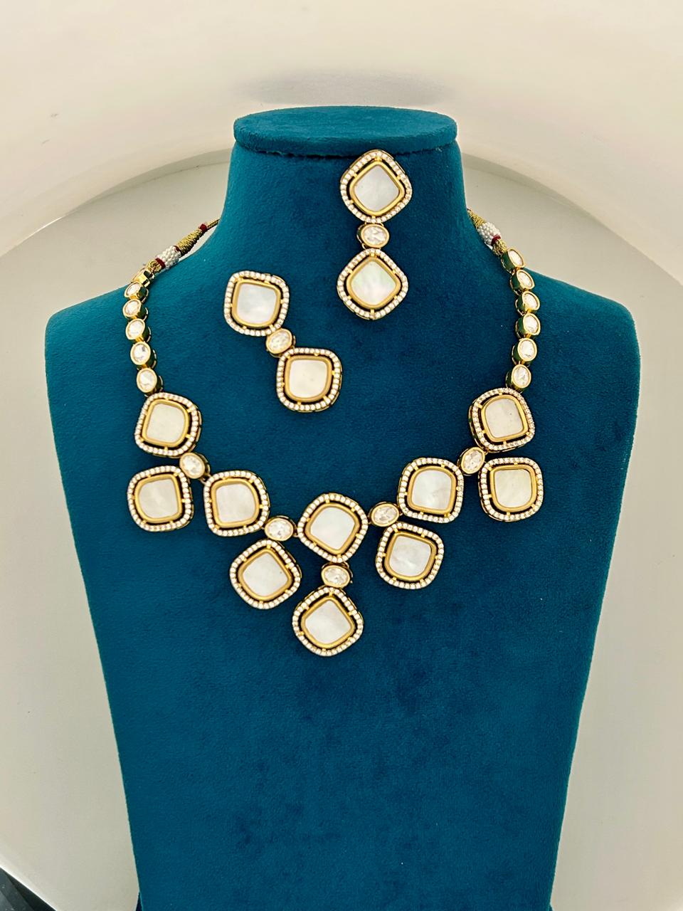 Classic Square Kundan Necklace Set with Long Earrings Gold Finish