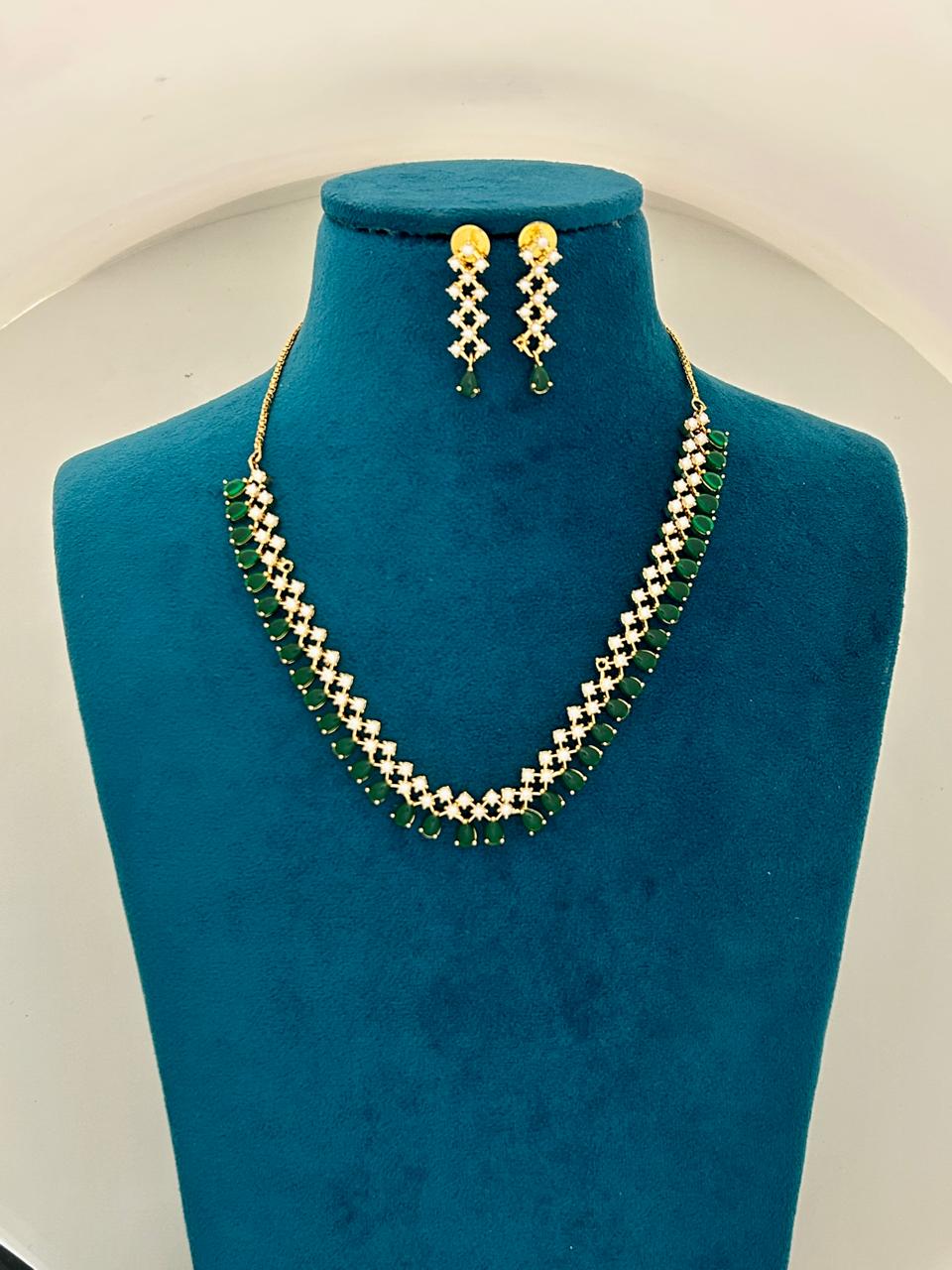 Emerald Green Diamond Cut Necklace Set with Earrings