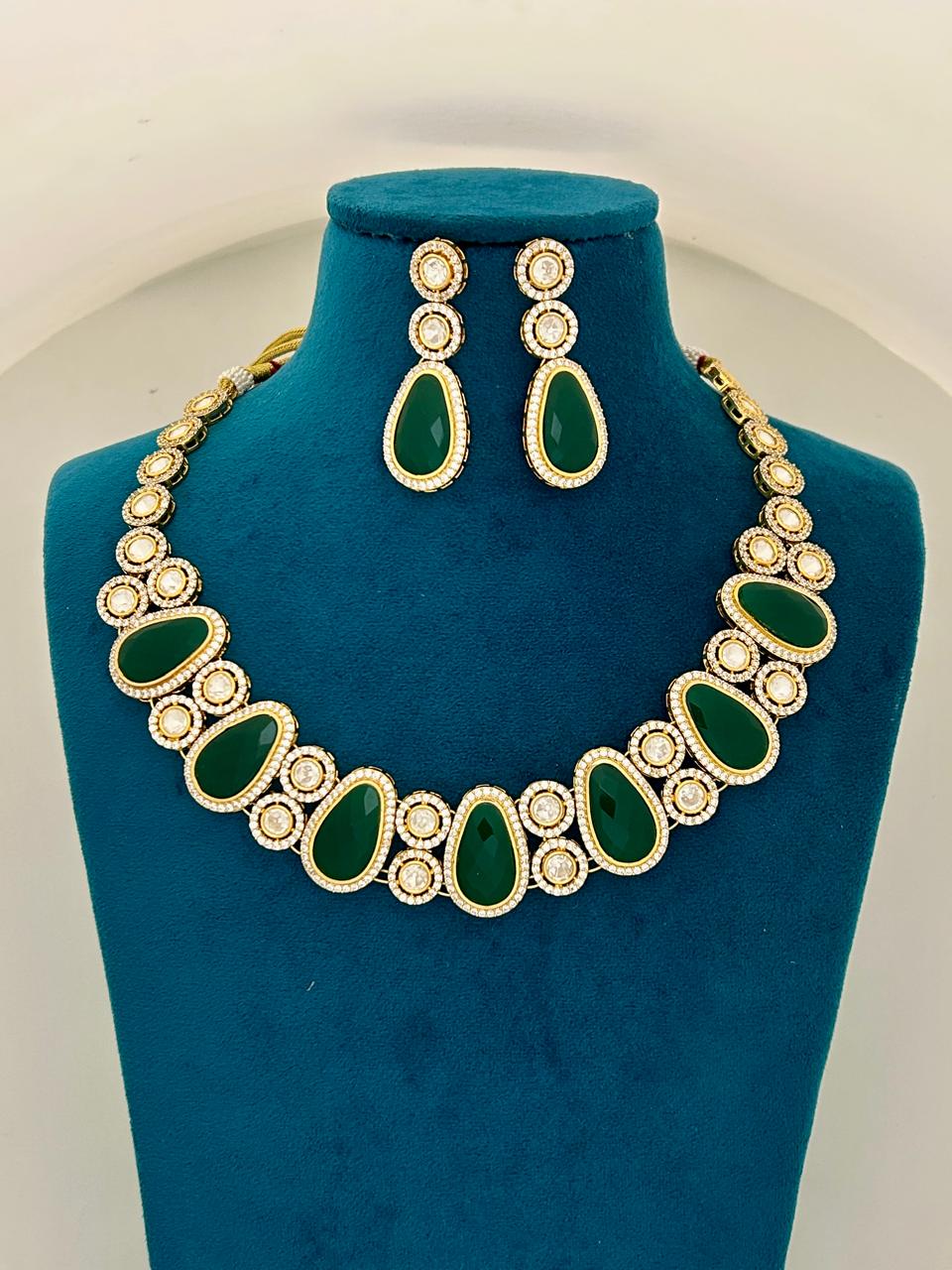 Emerald Green Teardrop Kundan Necklace Set with Earrings Gold Finish
