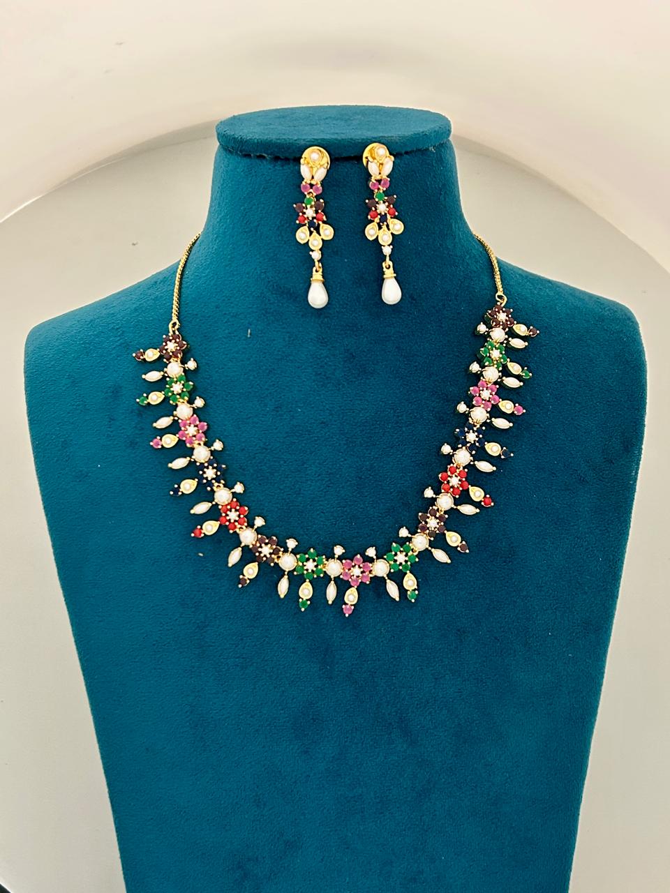 Elegant Multicolor Stone Necklace Set with Pearl Drops